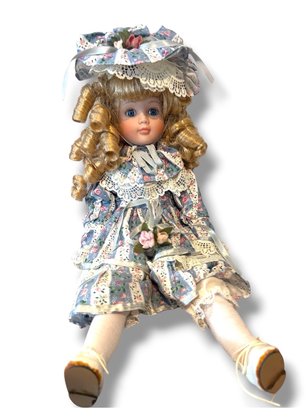 Vintage Victorian Collectible Doll Blonde Curly Hair, Blue Floral Dress, 16in